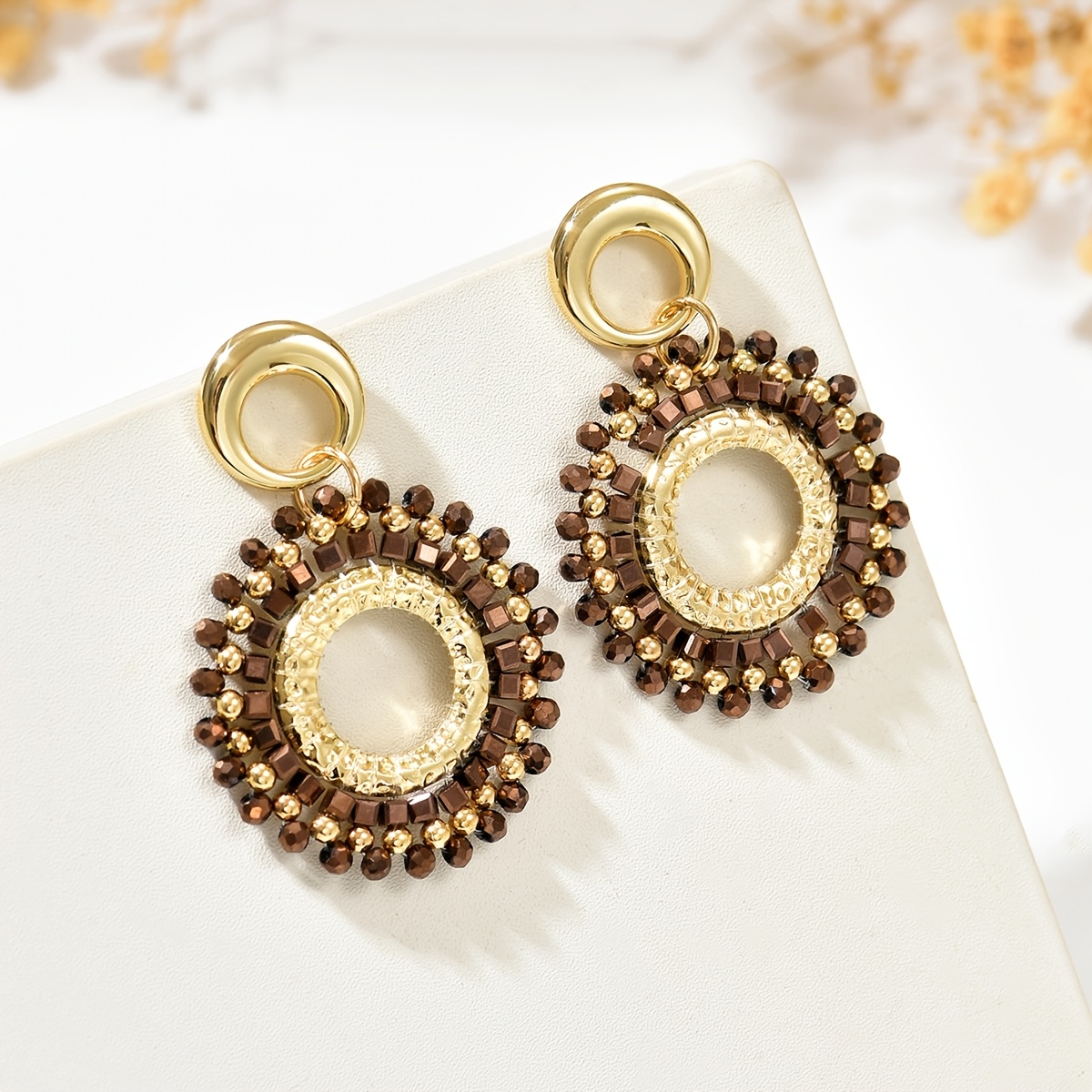 Bohemian Ethnic Hand-woven Beaded Round Pendant Earrings