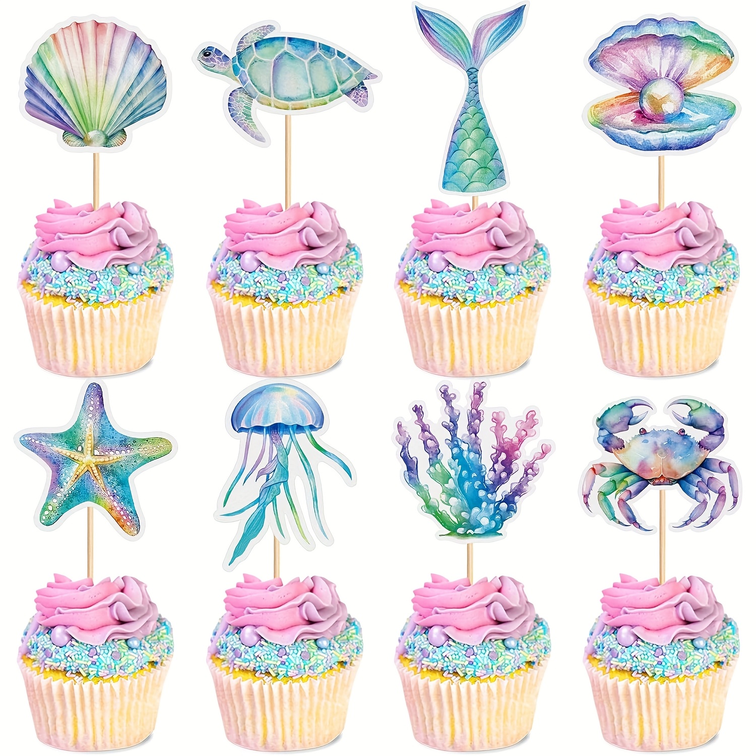 Image of 32pcs Seahorse Mermaid Cupcake Topper Ocean Themed Party Seahorse Cupcake Decorations For Under The Sea Theme Baby Shower Birthday Party Supplies