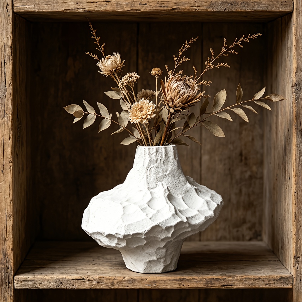 White Wabi-Sabi Ceramic Vase, Handmade Stone Texture Pottery, Matte Glaze Vessel for Living Room & Entryway, Hydroponic & Dried Flowers, Retro Home Decor for B&B & Tea House