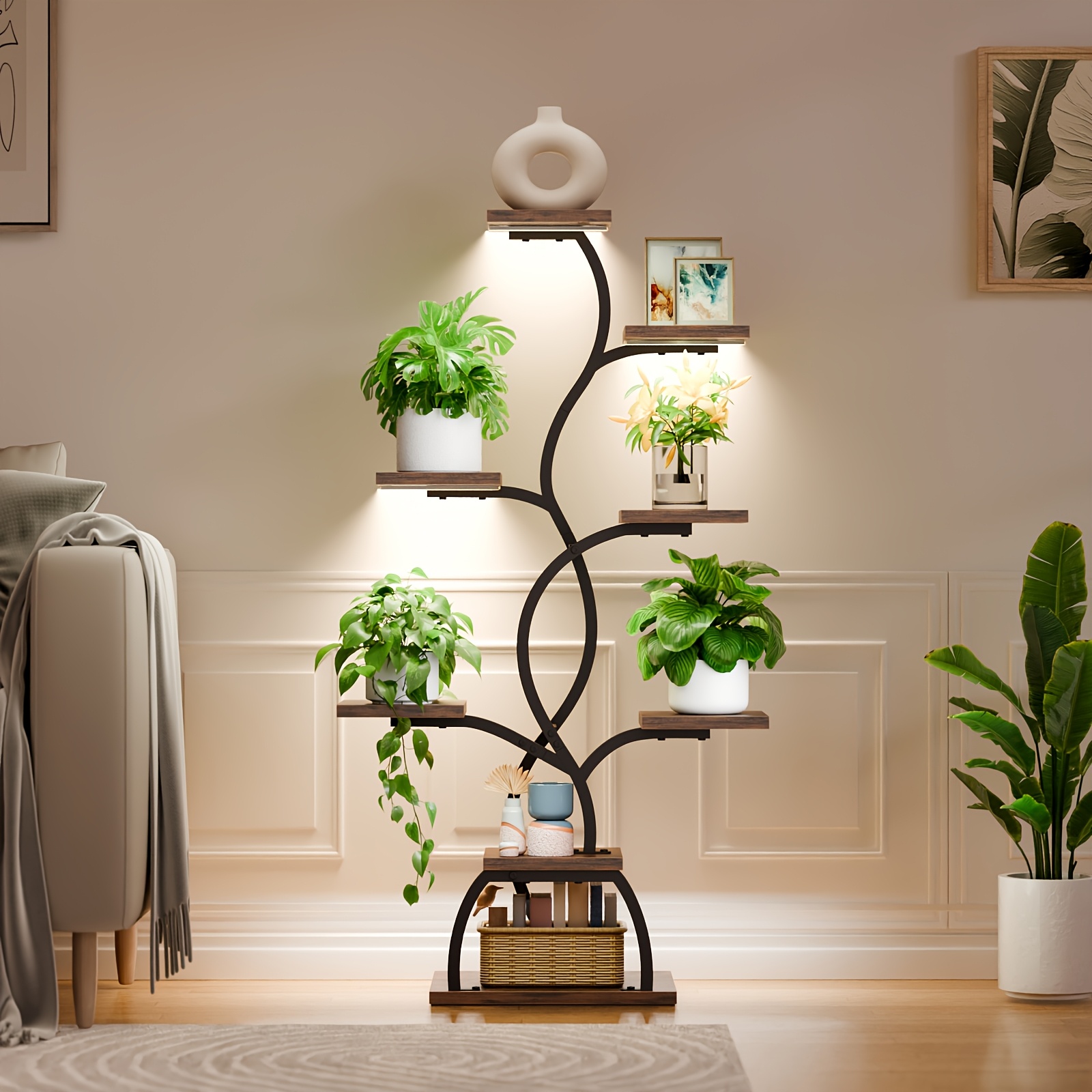 1pc Bookshelf with LED Lights- 8 Tier 123cm Multi-functional Metal Display Shelf Corner for Books Magazines Photo Frames, Vases, 48.7