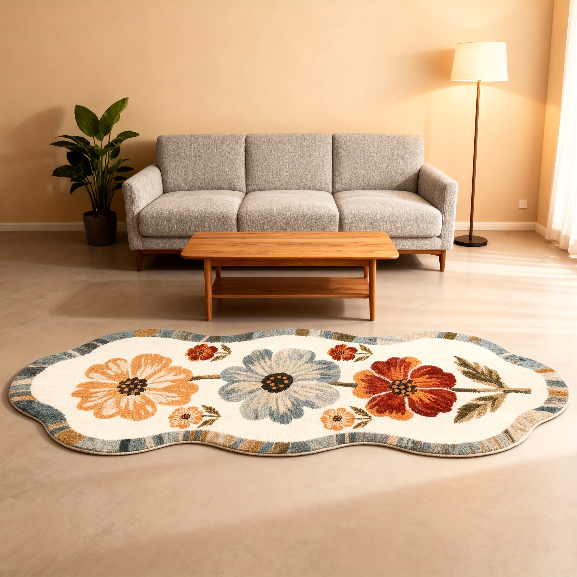 TEMU 1pc Soft And Fluffy Velvet Carpet - Bohemian Retro Floral Print Carpet, Machine Wash Anti-slip Base Low-velvet Carpet - Bedroom, Living Room,