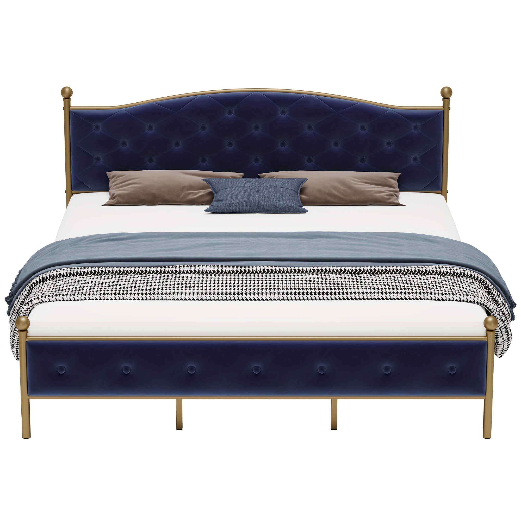 

Full Size Upholstered Bed Frame, Gold Platform Bed With Velvet Headboard, Heavy Duty Mattress Foundation With Wood Slats, Noise Free Design, No Box Spring Needed In Blue