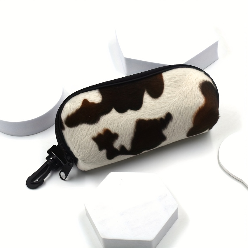 1pc Soft Plush Cow Print Zipper Glasses Case With Plastic Hooks