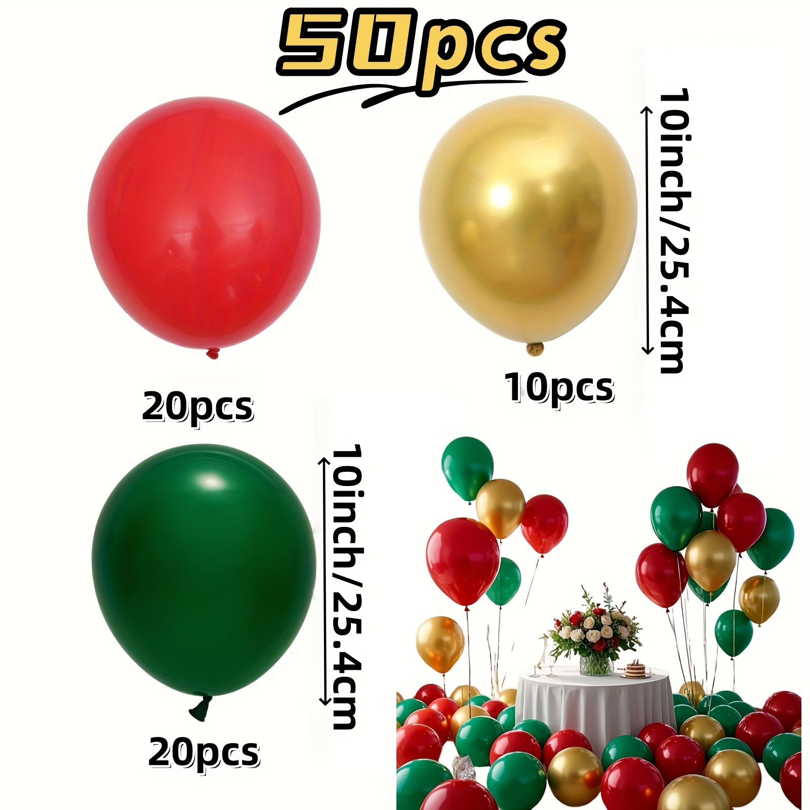TEMU 50pcs, Red, Green, Golden Metal Balloon Set, 10-inch Latex Balloons. Party Balloons Are Perfect For Birthday, Wedding, Thanksgiving, Christmas,