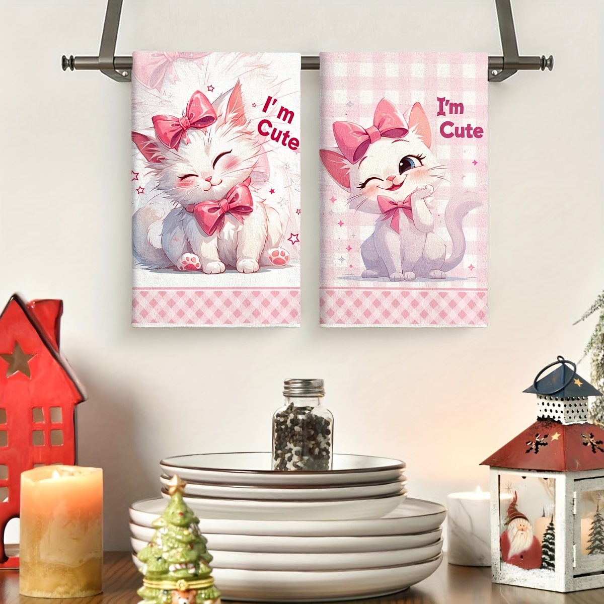 Image of 2pcs Microfiber Kitchen Towels - Cute Pink Kitten Design, Perfect For Cooking, Baking & Cleaning - Machine Washable, Rectangular Dish & Hand Towels - Ideal Housewarming Gift