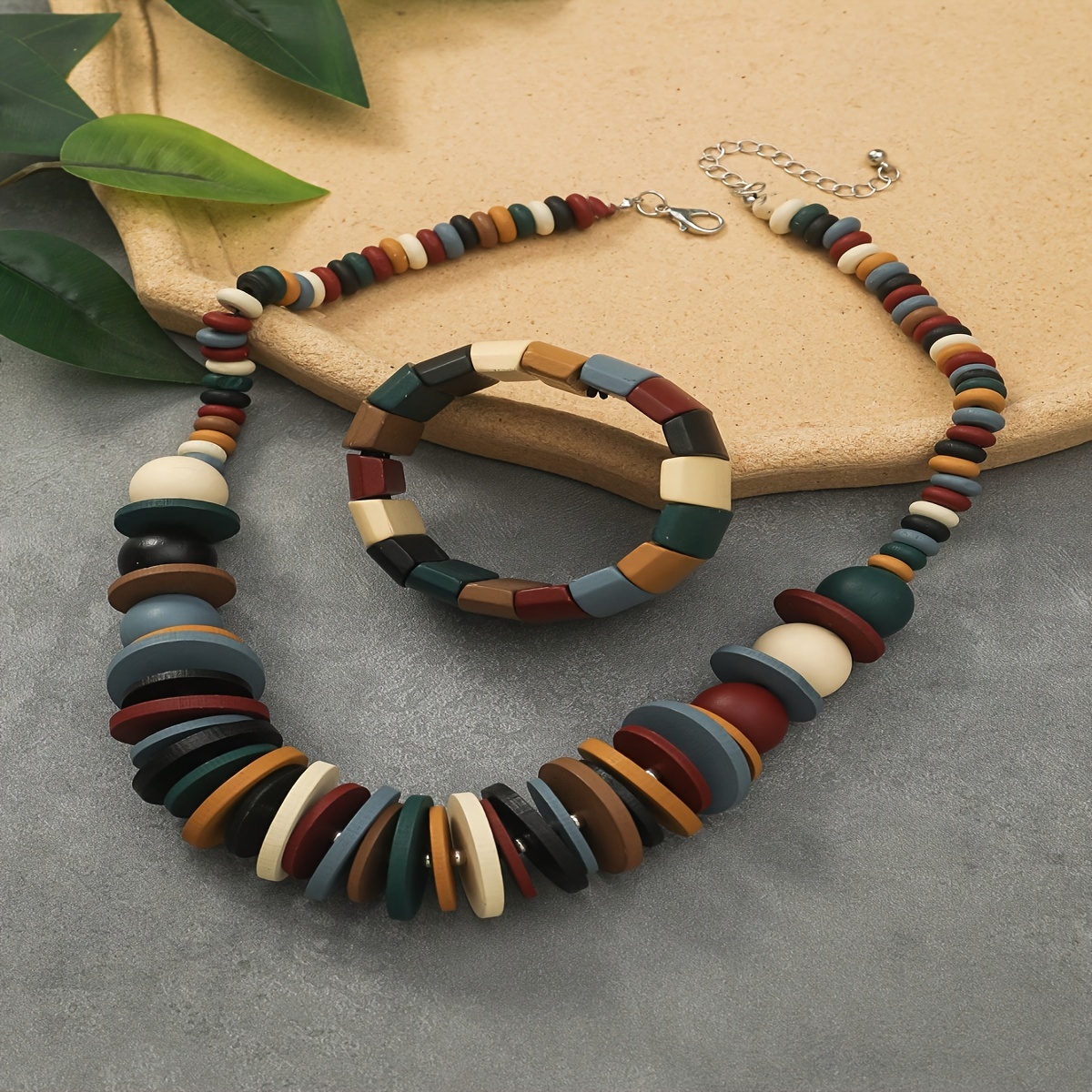bohemian wooden beaded necklace and bracelet set colorful