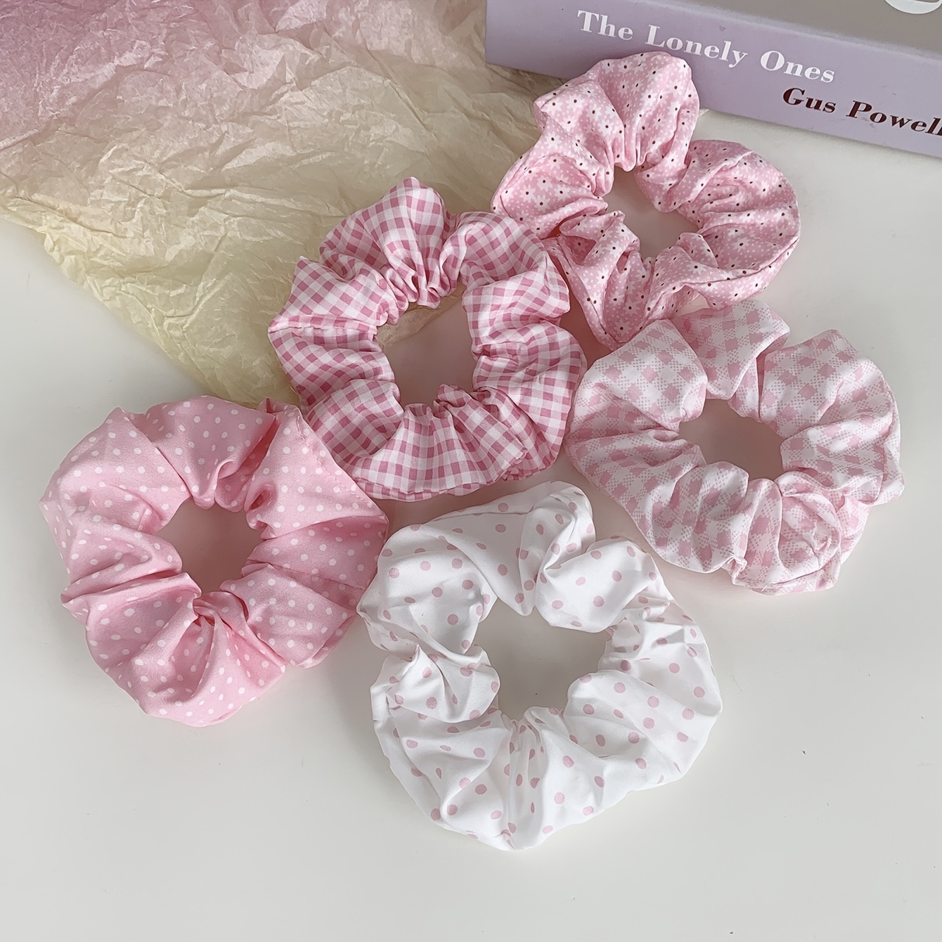 5pcs spring summer simple   floral polka dot scrunchie set pink series ultra ethereal   hair ties and accessories
