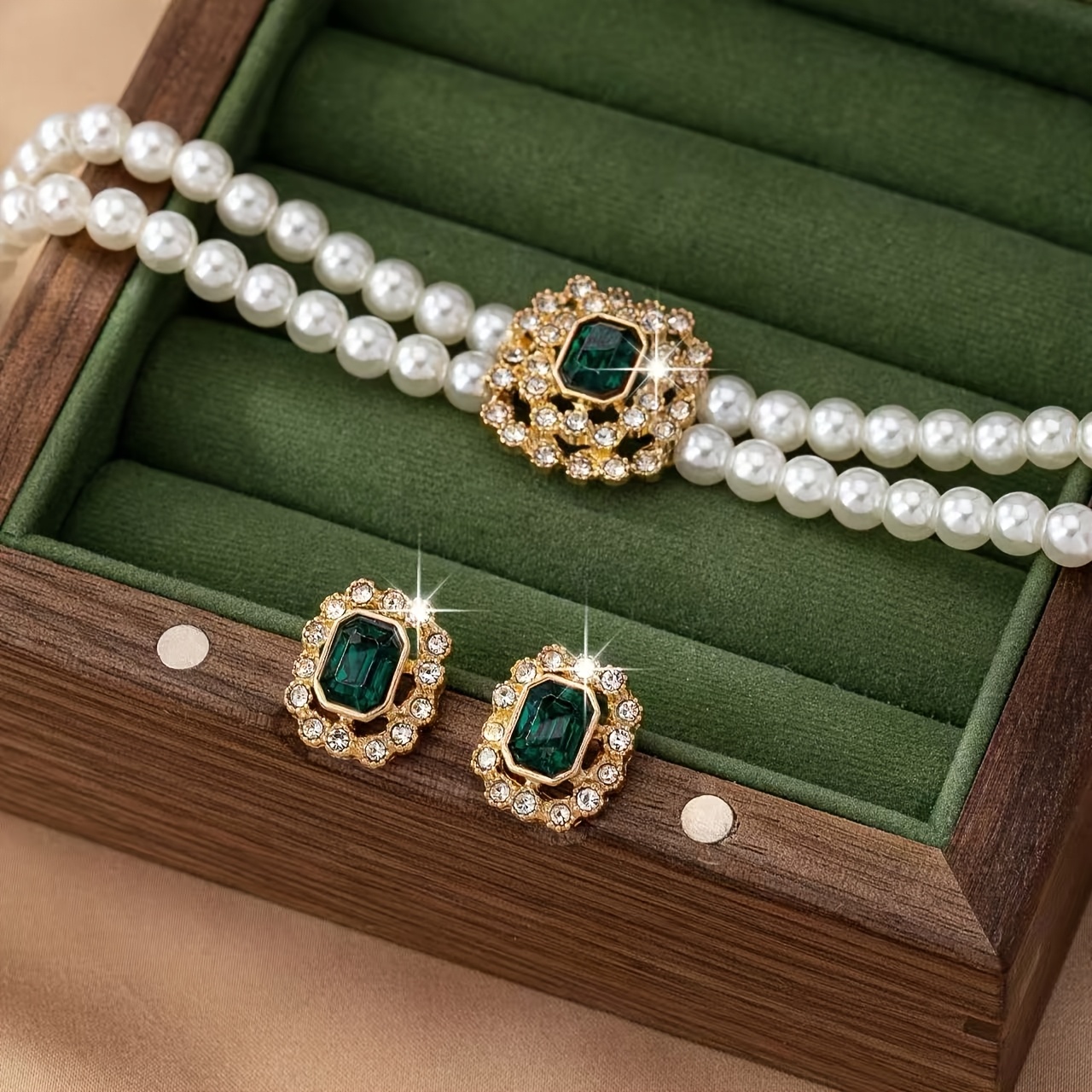 TEMU Ensemble de collier carré à double rangée et de clous d'oreilles, à la tendance, luxueux, élégant et sophistiqué