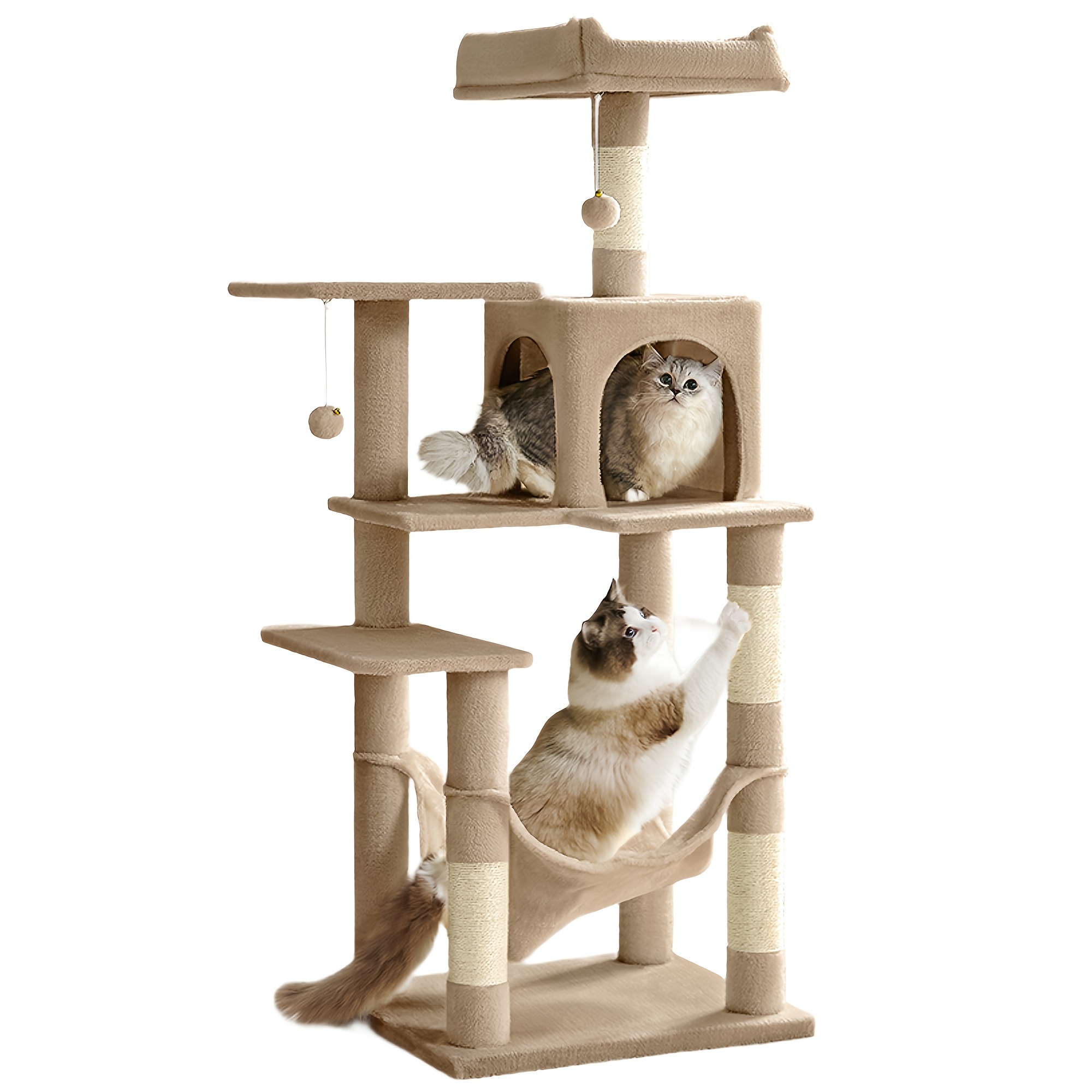 TEMU Árbol para Gatos para Interiores, para Gatos de Múltiples Niveles con 4 Postes para Rascar, 2 Perchas, Hamaca, Rosa, Beige, Marrón, 55 X 45 X