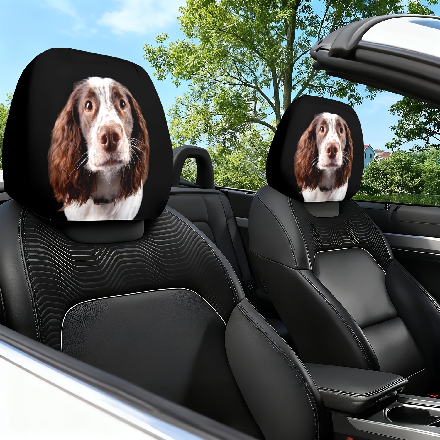 TEMU 2pcs Classic Headrest Cover With Cute Spaniel Print - Fit, & Machine Washable For Long Drives, Enhances Seat Durability, Ideal For Urban