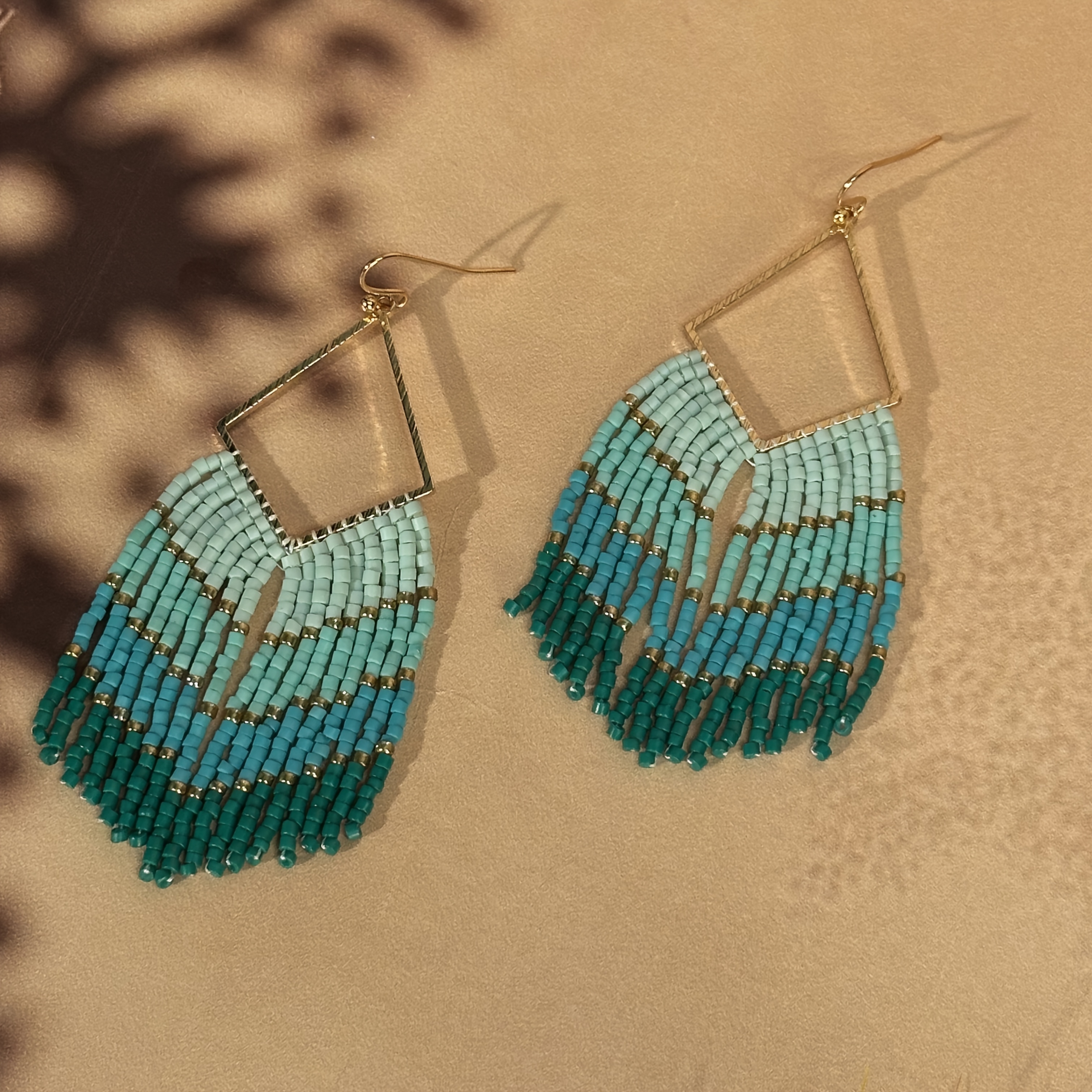 Women's Handmade Beaded Tassel Earrings, Rhombus Frame