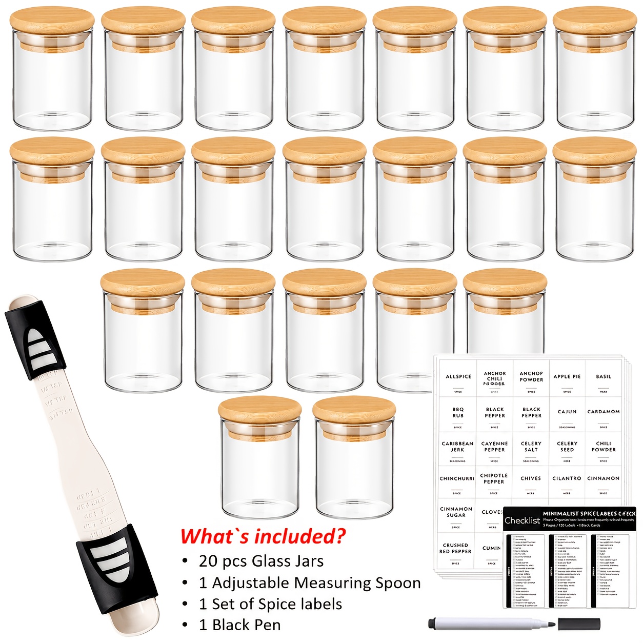 TEMU 20pcs Glass Spice Jars With Adjustable Measuring Spoon, 2.5oz/74ml Each, Bamboo Lids, Spice Labels And White Marker, Small Spice Containers For