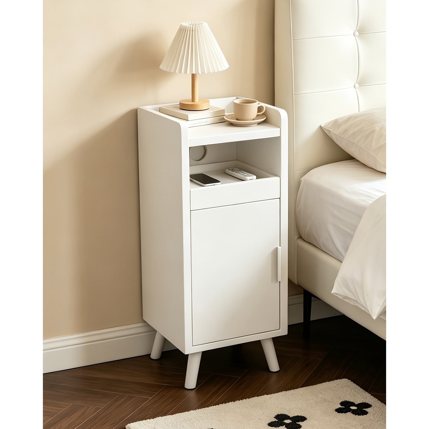 TEMU Slim-profile Bedside Cabinet With Doors And Open Drawers, Featuring A Storage Compartment Side Unit. Space- Storage Solution, Ideal As A Living