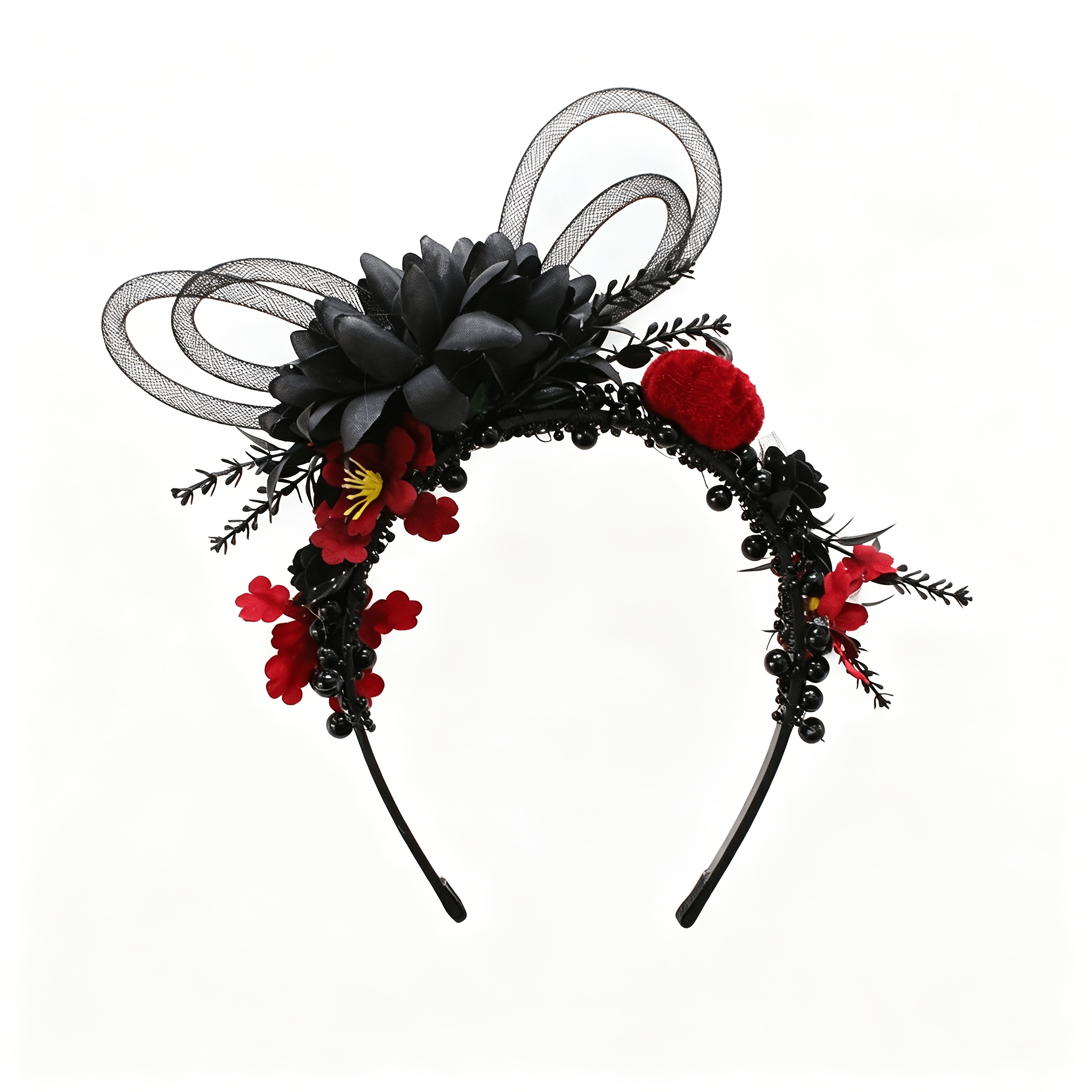 TEMU 1pc Mesh Bow Headband With Black And Red Floral Beaded Floral Arrangement, Vintage Dark Aesthetic, Suitable For Halloween Parties, Dark Bridal