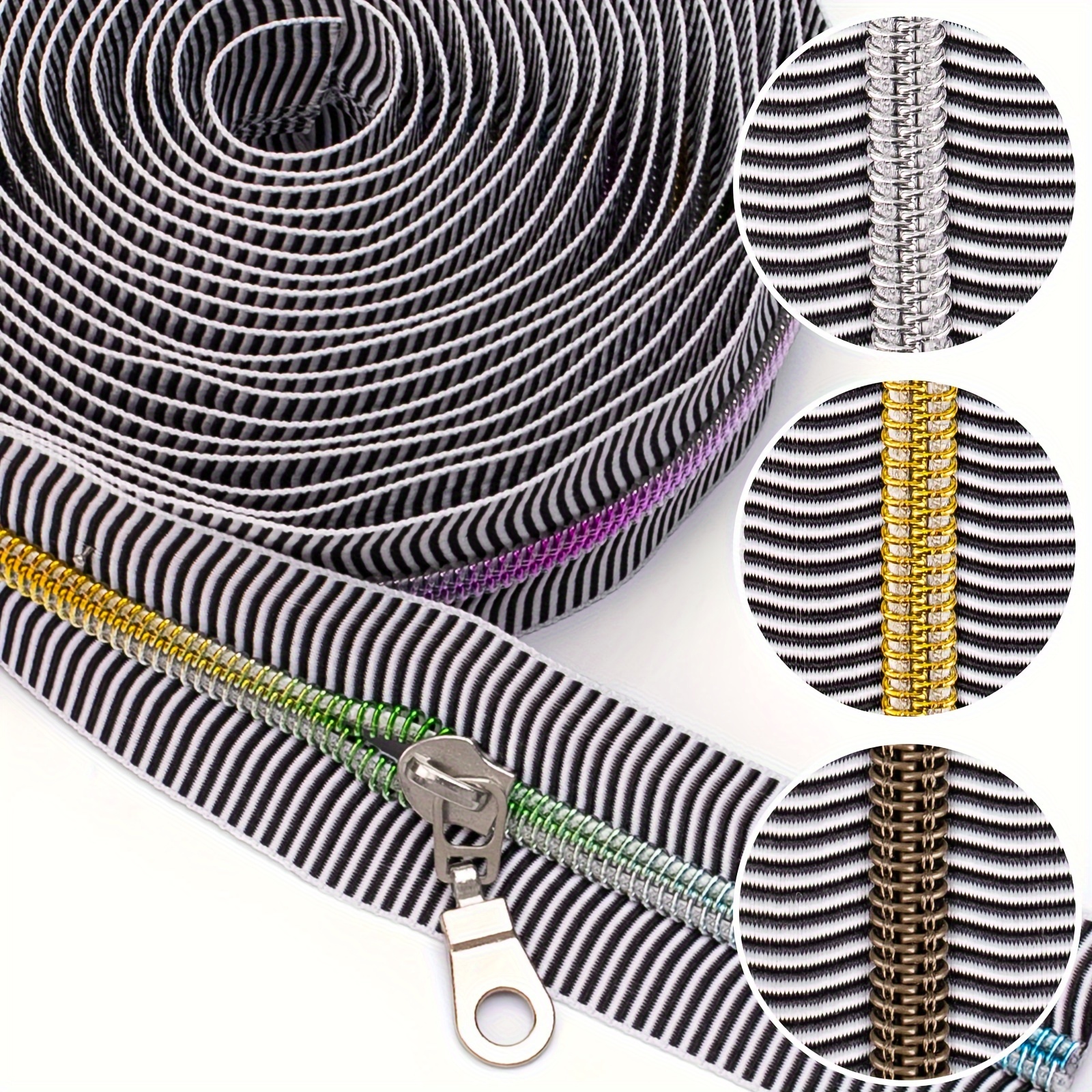 

Changsons 5 Yard #5 Nylon Coil Zipper Tape With 10 Zipper Pulls - Striped Ribbon Zipper By The Yard For Diy Crafts, Bags, Multicolor With Golden, Silver Grey, Bronze Slider Options