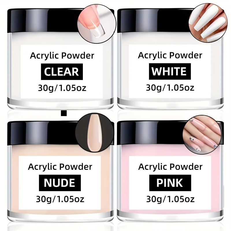 

4pcs Acrylic Powder Set, 30g/1.06oz Each, Long-lasting & Durable, Diy French Tips, Pink, White, Clear, Nude