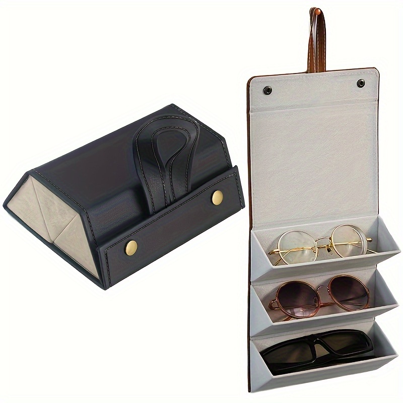 

Style 3-slot Folding Sunglass Case - Fabric Tabletop Eyewear Organizer With Flip-up Mirror, Faux Leather Interior, Closure - Decorative Watch/jewelry Storage Box For