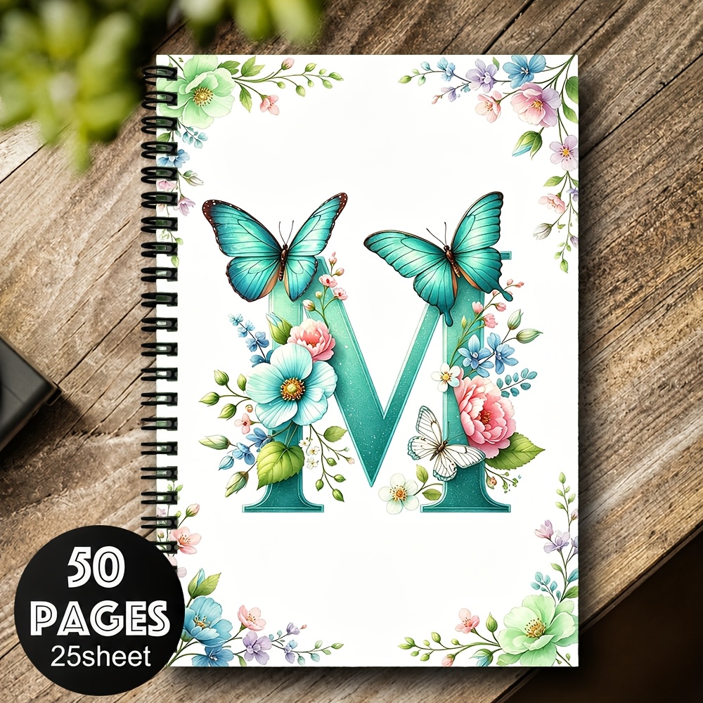 TEMU 1 Floral Letter A- Notebook Diary With Floral Monogram, Elegant Green Floral Letters Design, 50 Pages (25 Sheets) Suitable For Business, School