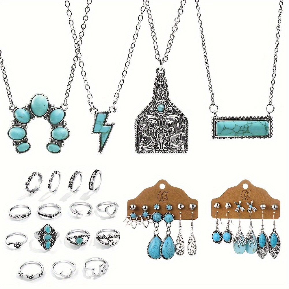

43pcs Bohemian Style Vintage Carved Faux Turquoise Pendant Necklace Earrings Ring Set Alloy Geometric Faux Turquoise Ethnic Style Jewelry Set Women's Jewelry Accessories Gift