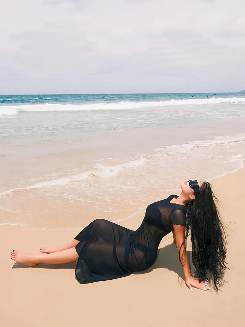 Solid Color Transparent Mesh Cover-Up Dress, Bikini Not Included Solid Color Transparent Mesh Cover-Up Dress, Bikini Not Included