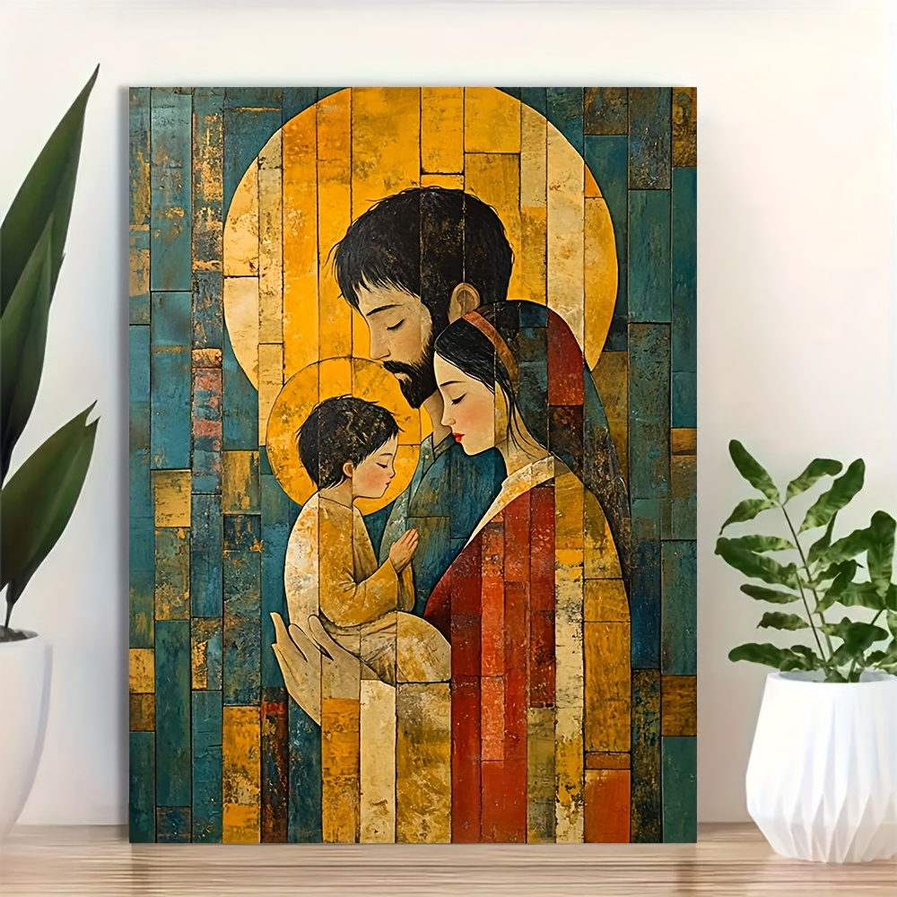 TEMU 2d Flat, 2d Flat, Framed In Wood Measuring 29.97×39.88cm - Religious Decoration Of The Holy Family In Warm Colors, Traditional Attire And Mosaic