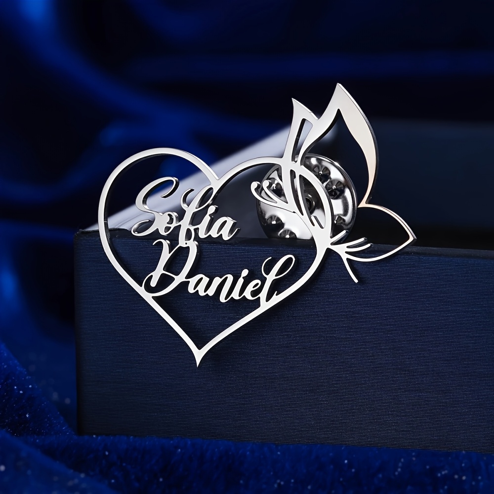 TEMU Custom Hollow Heart Name Brooch, Personalized Fashion Elegant Couple Name Gentleman Brooch, Stainless Steel Nameplate Brooch, Groom Groomsman