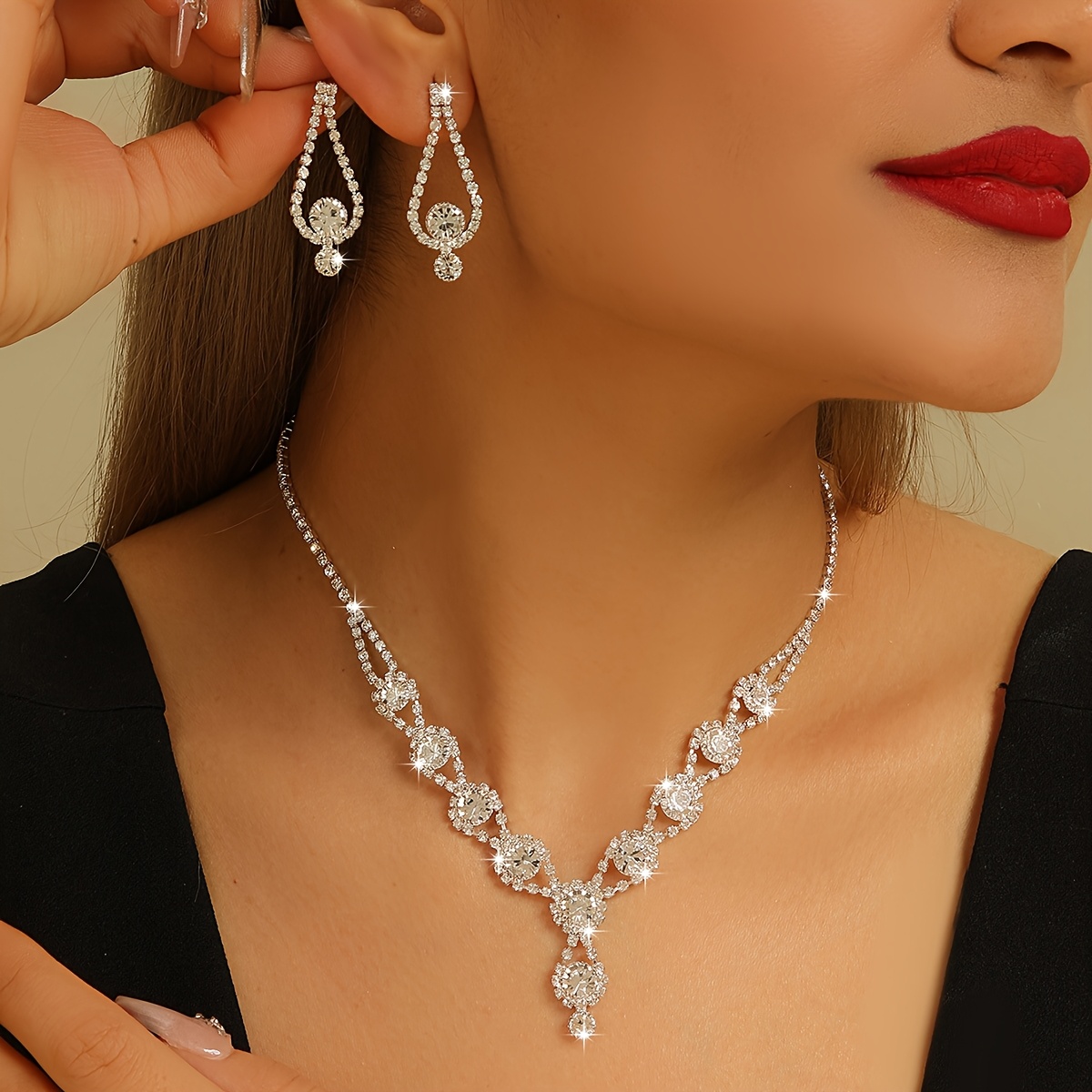 Copper Rhinestone Studded Necklace Set for Women