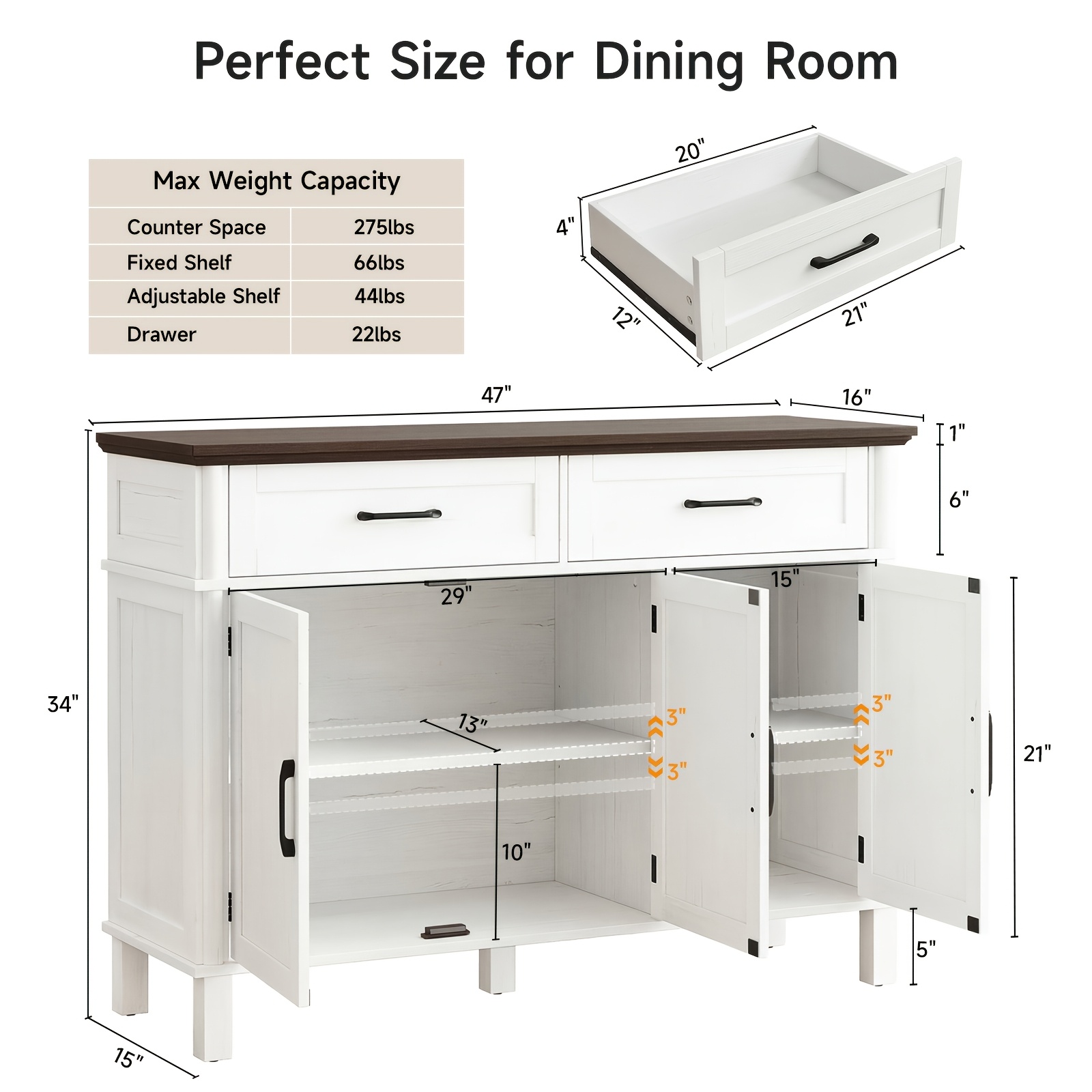 Farmhouse 48 Inch Buffet Cabinet with Storage, 48 Inch Sideboard with 2 Drawers And 3 Doors - Wood Coffee Bar Cabinet with Adjustable Shelves for Kitchen, Dining Room, Living Room