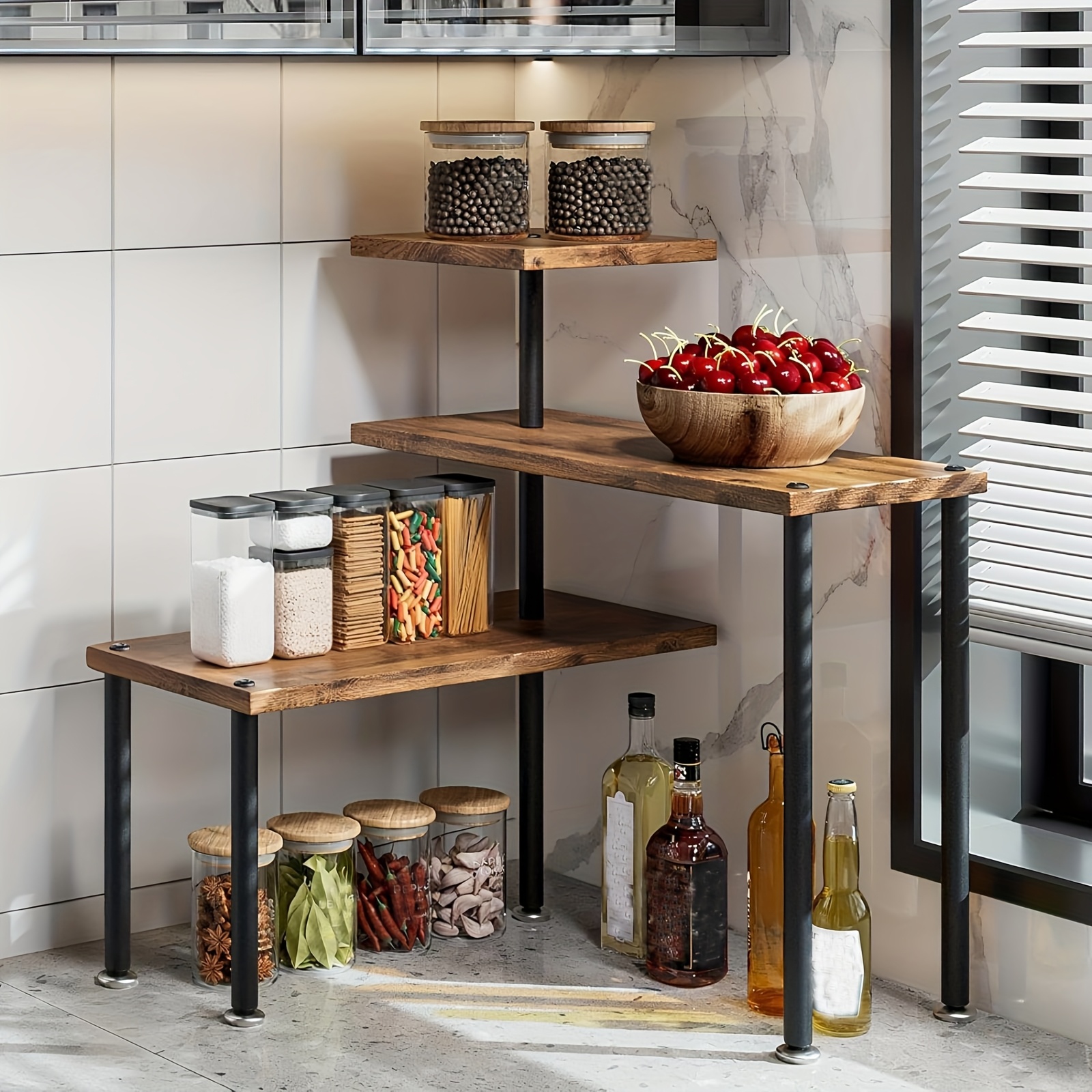 TEMU 1pc, Kitchen Corner Shelf Countertop Storage Rack, 3-tier Adjustable Turning Corner Rack, Spice Rack, Corner Display Rack, Countertop Corner
