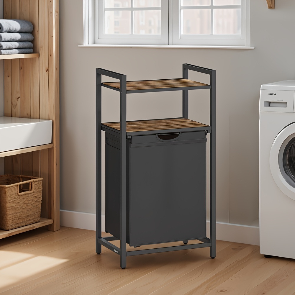TEMU Panier à linge avec sac à linge coulissant, 2 étagères, de 65 L pour buanderie, marron rustique et noir, paniers à linge