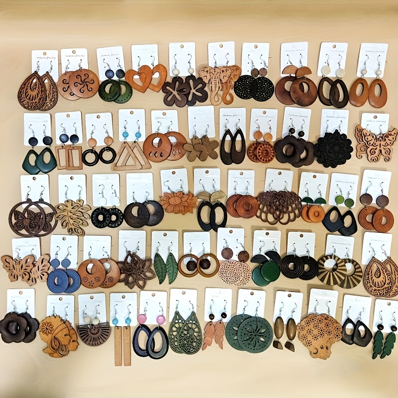 TEMU 11 Pairs Wholesale Fashionable And Elegant Bohemian Ethnic Style Wooden Earrings, Handcrafted With Design, Simple And Stylish Irregular Shaped