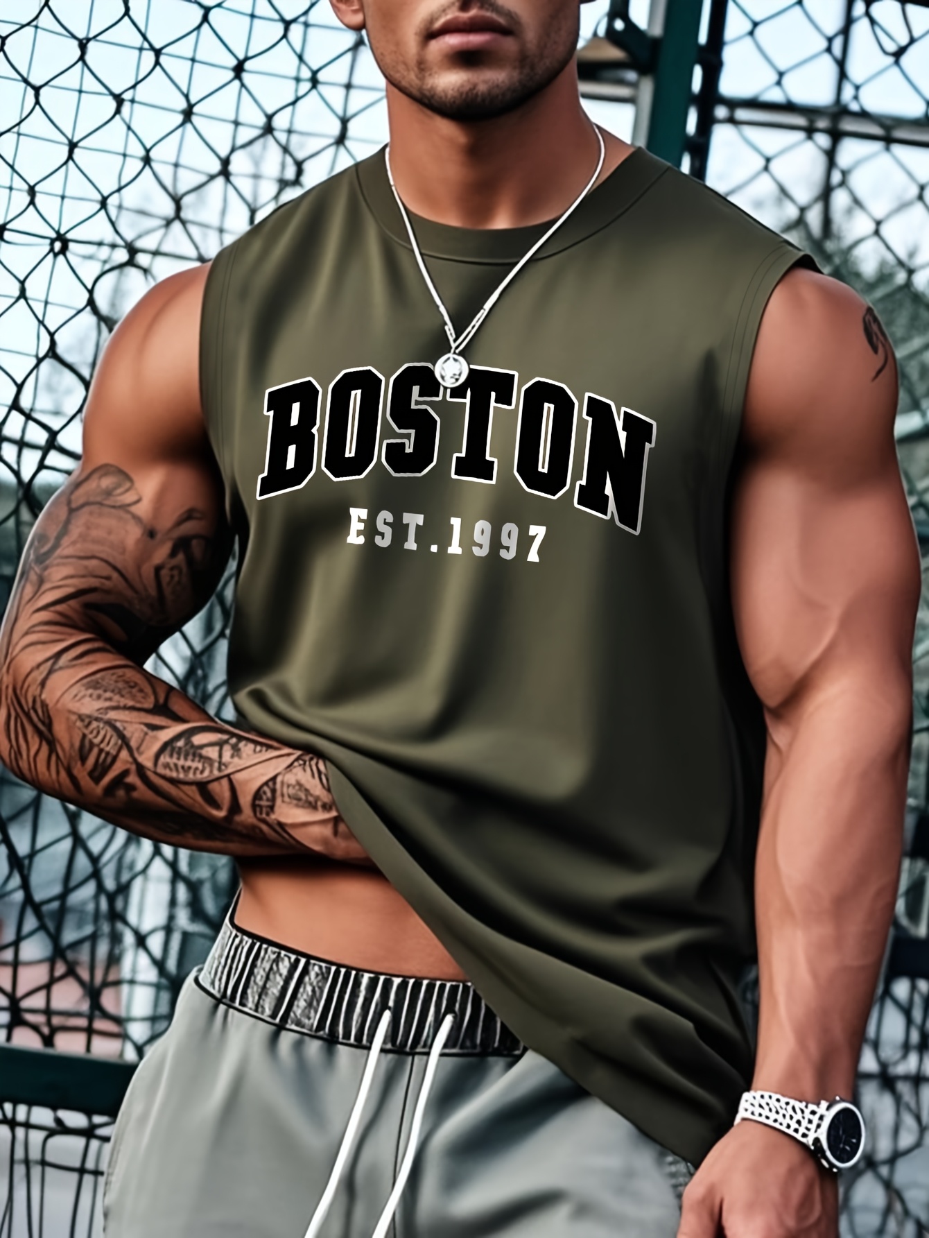 OBM Same Bond Men's Sleeveless Athletic Tank Top with Boston EST. 1997 Print - Black & Golden, Regular Fit, Machine Washable, All-Season Workout & Casual Wear, Sports Apparel, Sporty Look, Nontransparent Fabric