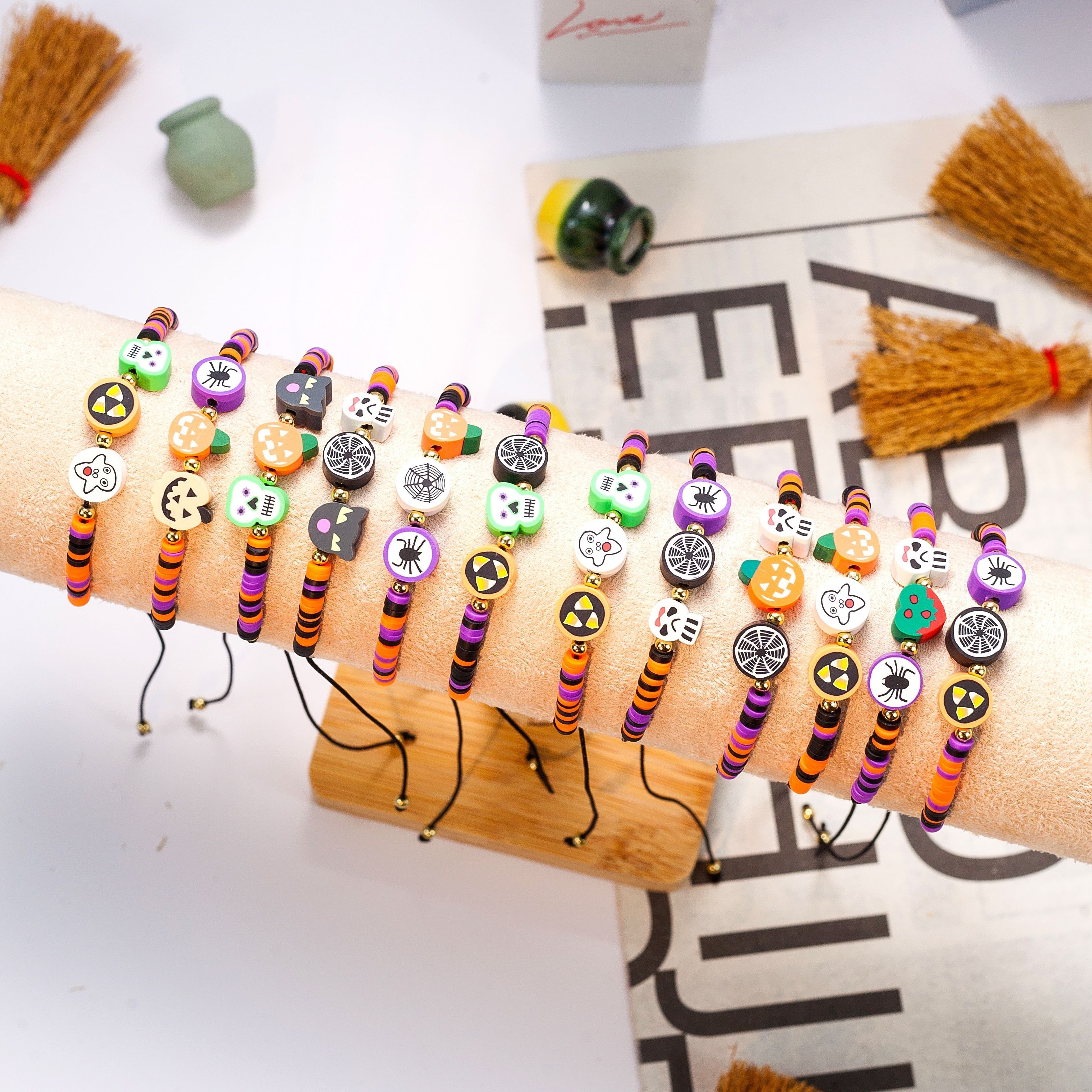 

12pcs Halloween Themed Polymer Clay Beaded Bracelets Set, Fashion Adjustable Woven Wristbands, Synthetic Stone, Ccb Accented, Party Favors, Gift For Teens & Adults