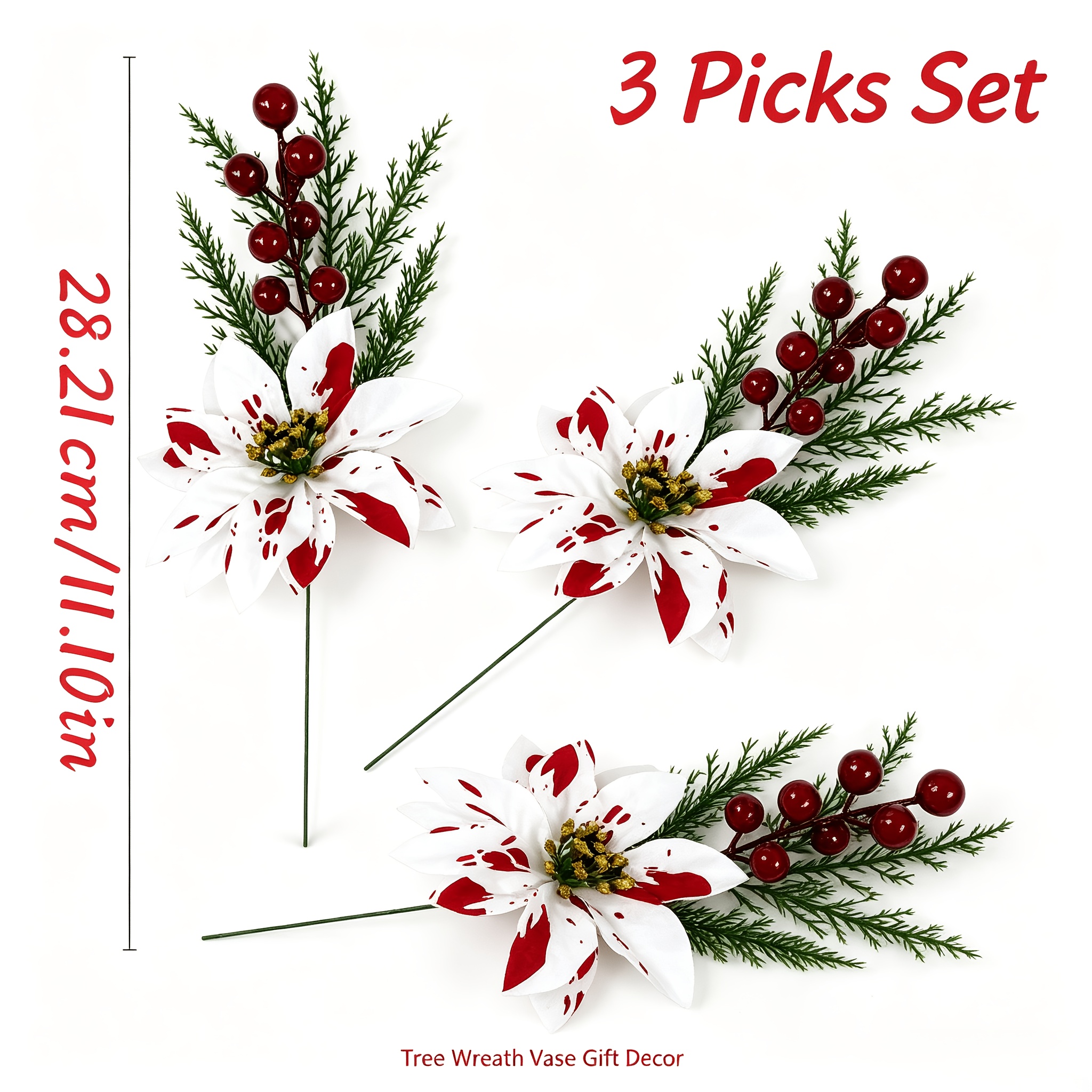 TEMU 2026 New 3pcs Artificial Christmas Spotted White Red Color- Berries Bouquet, Spotted Red Berries With Berries And Evergreen Leaves Combination,