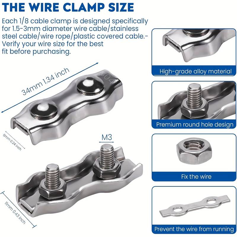 10 Pcs 304 Stainless Steel M3 Wire Rope Clamps – For 1/8" Cable, Double Bolt Design