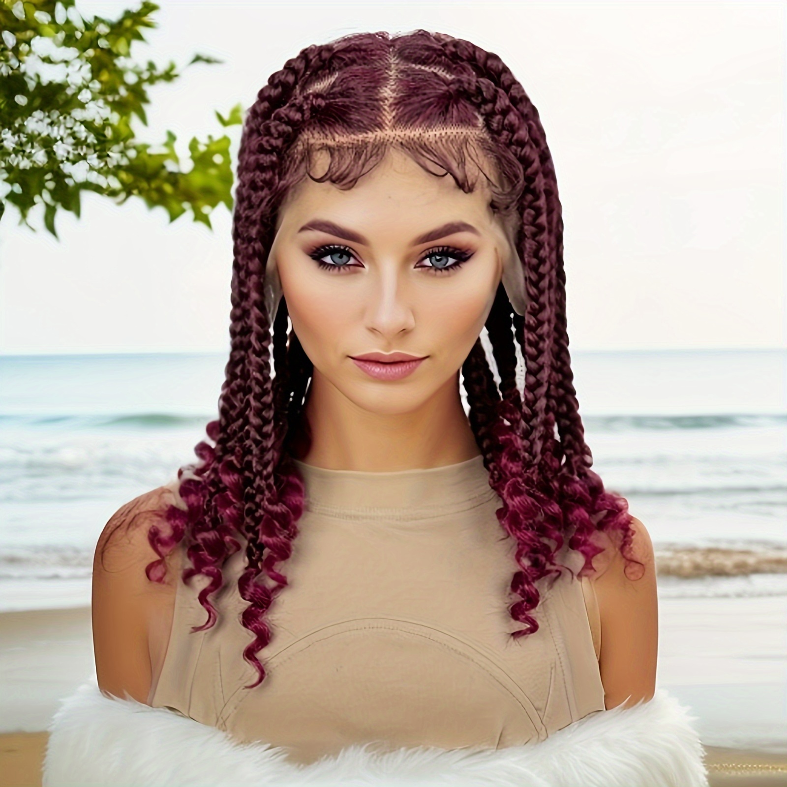 

Elegant 14-inch Handcrafted Braided Wig With Curly Ends - Breathable & Lightweight, 360° Lace Front For , High-density Fiber, - Burgundy, Synthetic Lace Front Wig