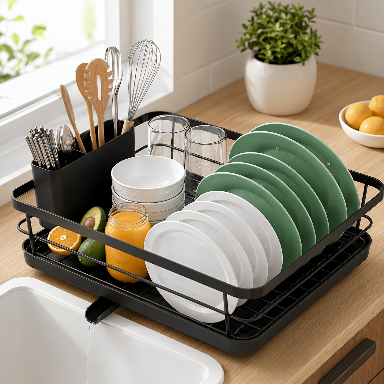 Kitchen Dish Drying Rack, Dish Organizer With Removable Cutlery Holder, Compact Countertop Storage Rack For Dishware Drying And Kitchen Organization, . 30.5 × 39.4 Cm, Black