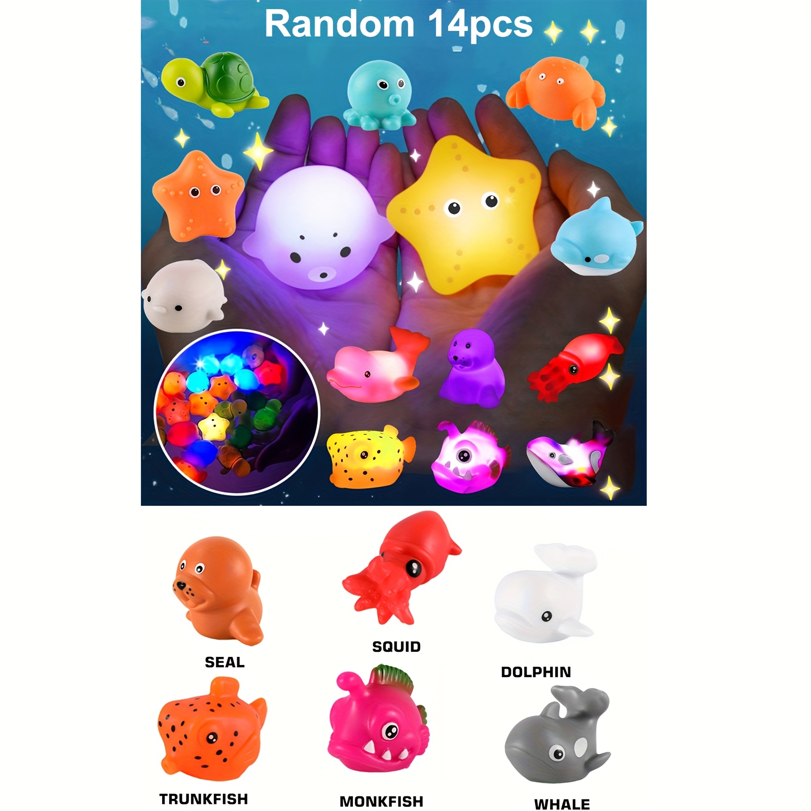 E-shop 6/8/ 14-tlg. lochfreies Badespielzeug-Set, leuchtende Meerestier-Angelschaukel, glitzerndes buntes Badewannenspielzeug, schwimmendes