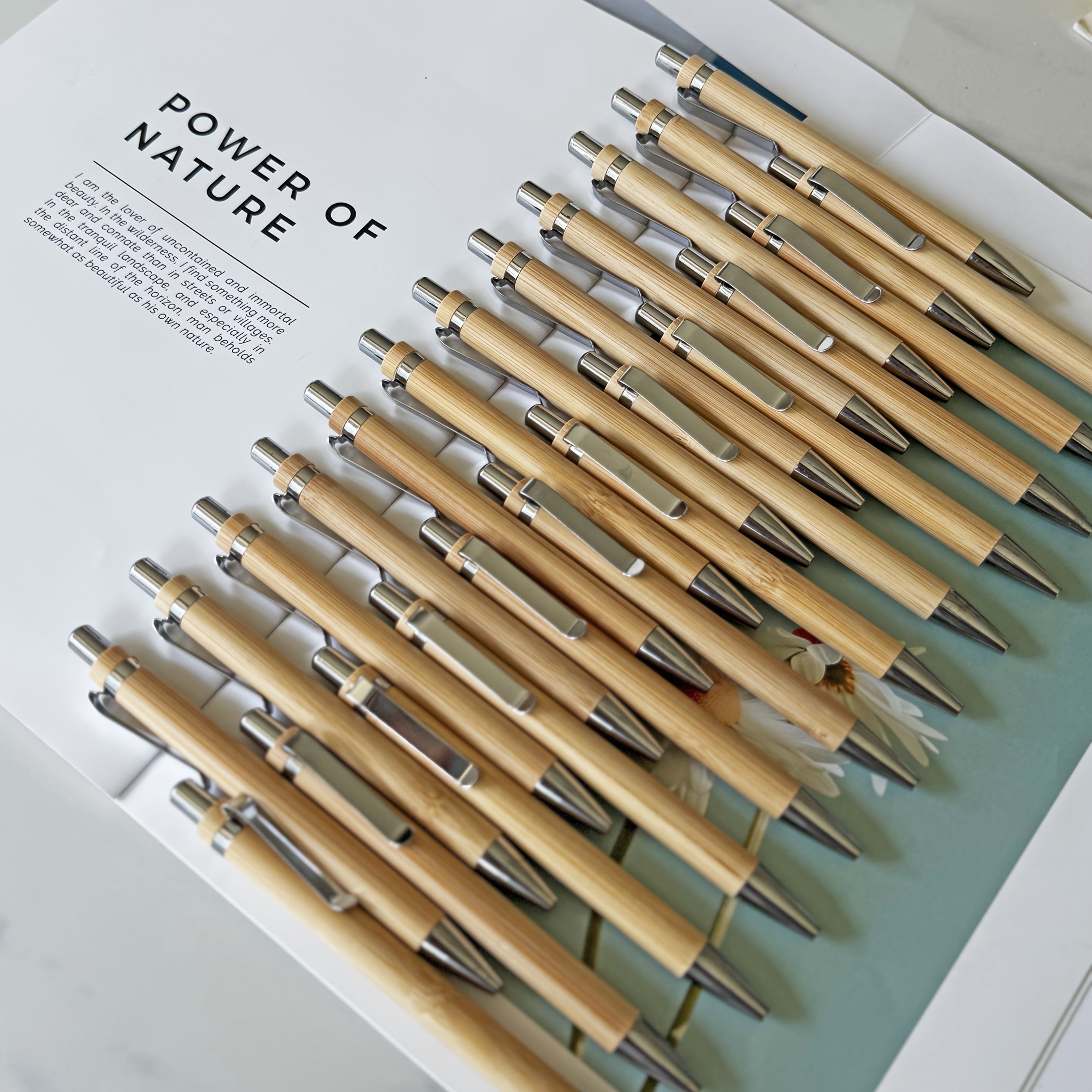 Image of 24pcs Bamboo Pen Set Creative Metal Clip Press Bamboo Wood Ballpoint Pen Portable Office Signature Pen
