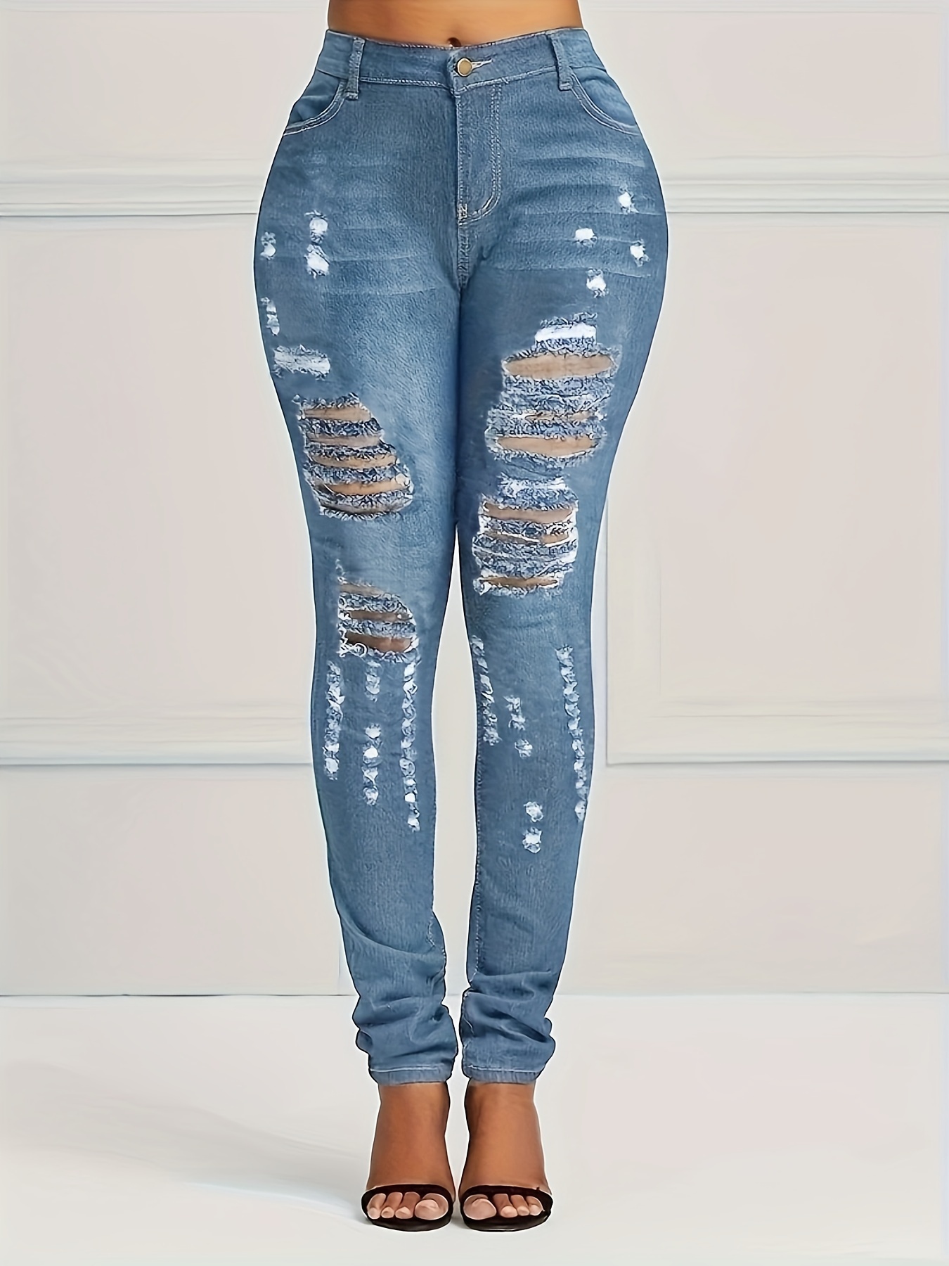 blue ripped holes skinny jeans distressed high waist slim fit slash pockets denim pants womens denim jeans clothing