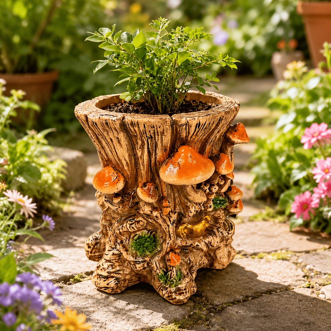 TEMU 1 pièce Pot de fleur souche de de de bohème - Jardinière irrégulière en résine de tronc d'arbre avec mousse, convient pour intérieur/extérieur,
