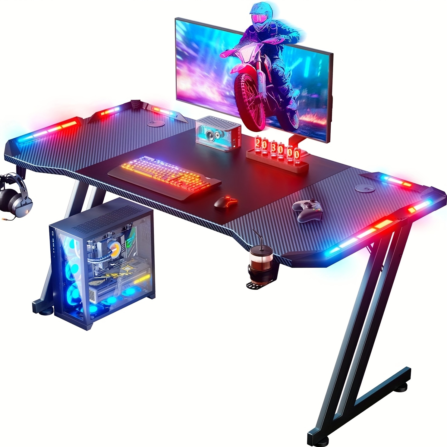 Gaming Table With Led Lights, Computer Desk With Headphone Hooks & Cup Holder, Carbon Fiber Table , Z Shaped Office Desks For Office Home, Pc Laptop Workstation Black
