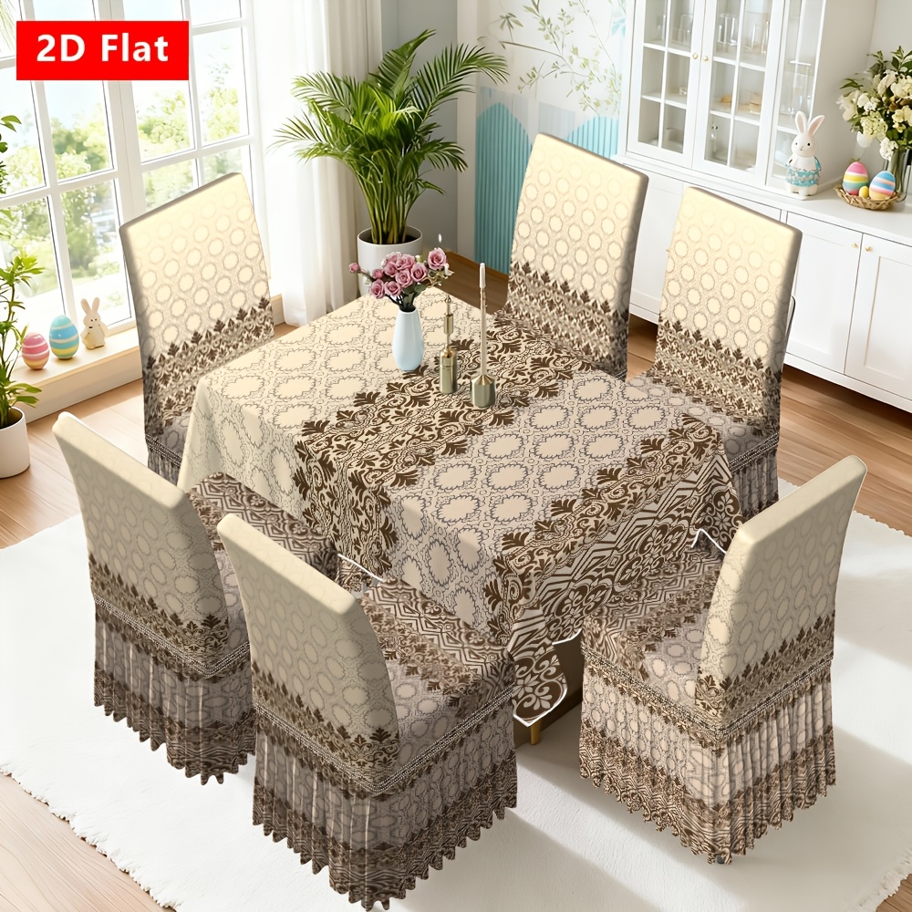 TEMU Parure de housse de chaise à jupe et nappe de 2/4/5/7 pièces, housses de chaise à jupe imprimées luxueuses et élégantes + combinaison de nappe ,
