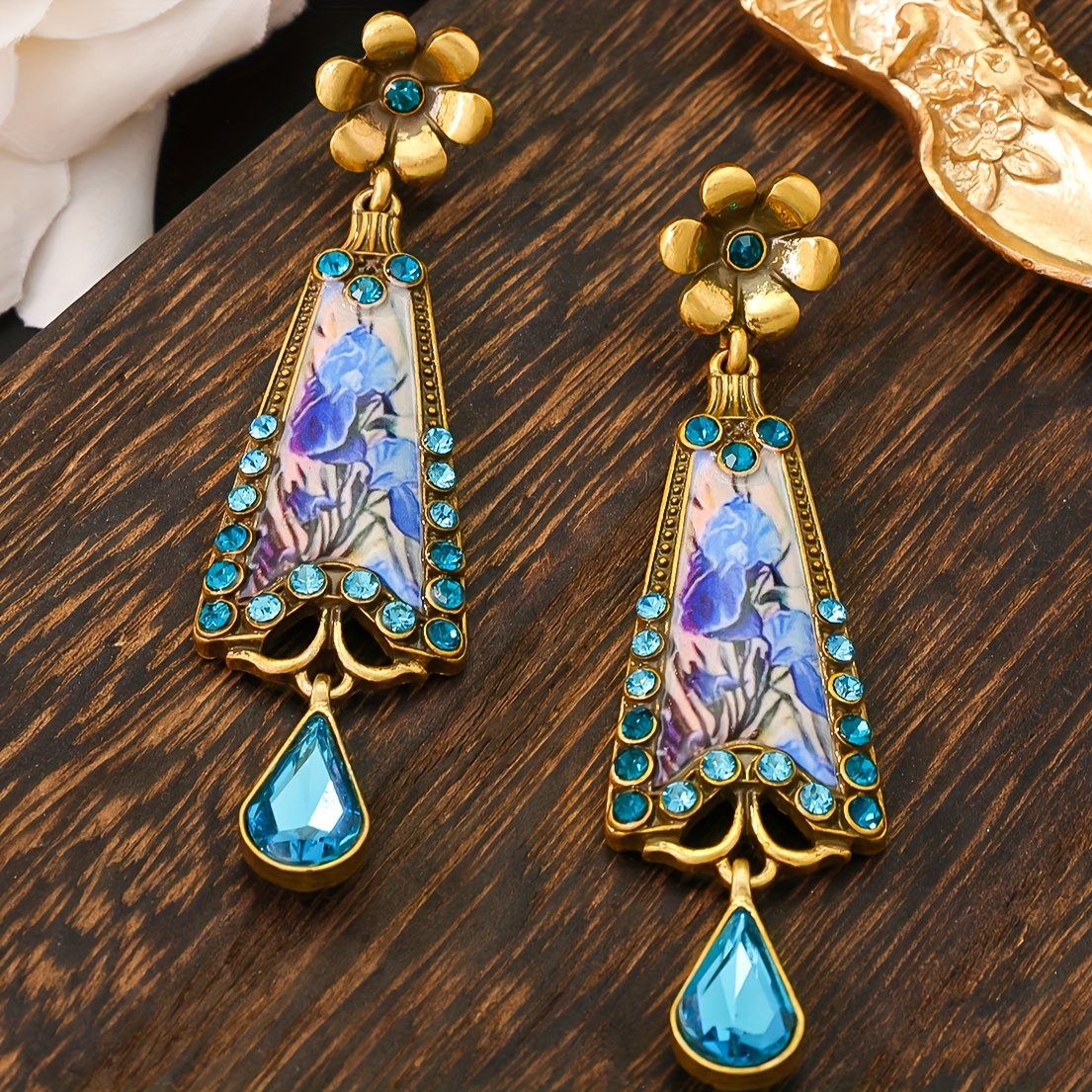 TEMU 1 Pair Mid-century Vintage Enamel Painted Floral Tassel Studded With Rhinestones Elegant Temperament Light Luxury New Chinese Style Earrings,