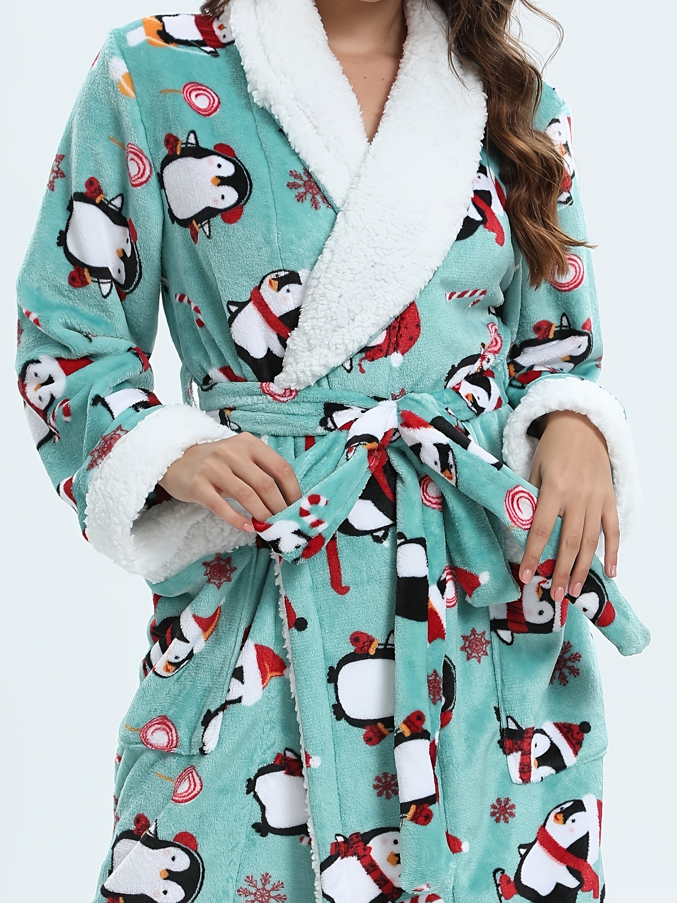 1pc Festive Christmas Penguin Pattern Women'S Plush Warm V-Neck Bathrobe  with Belt - * Knit Polyester Adult Dressing Gown
