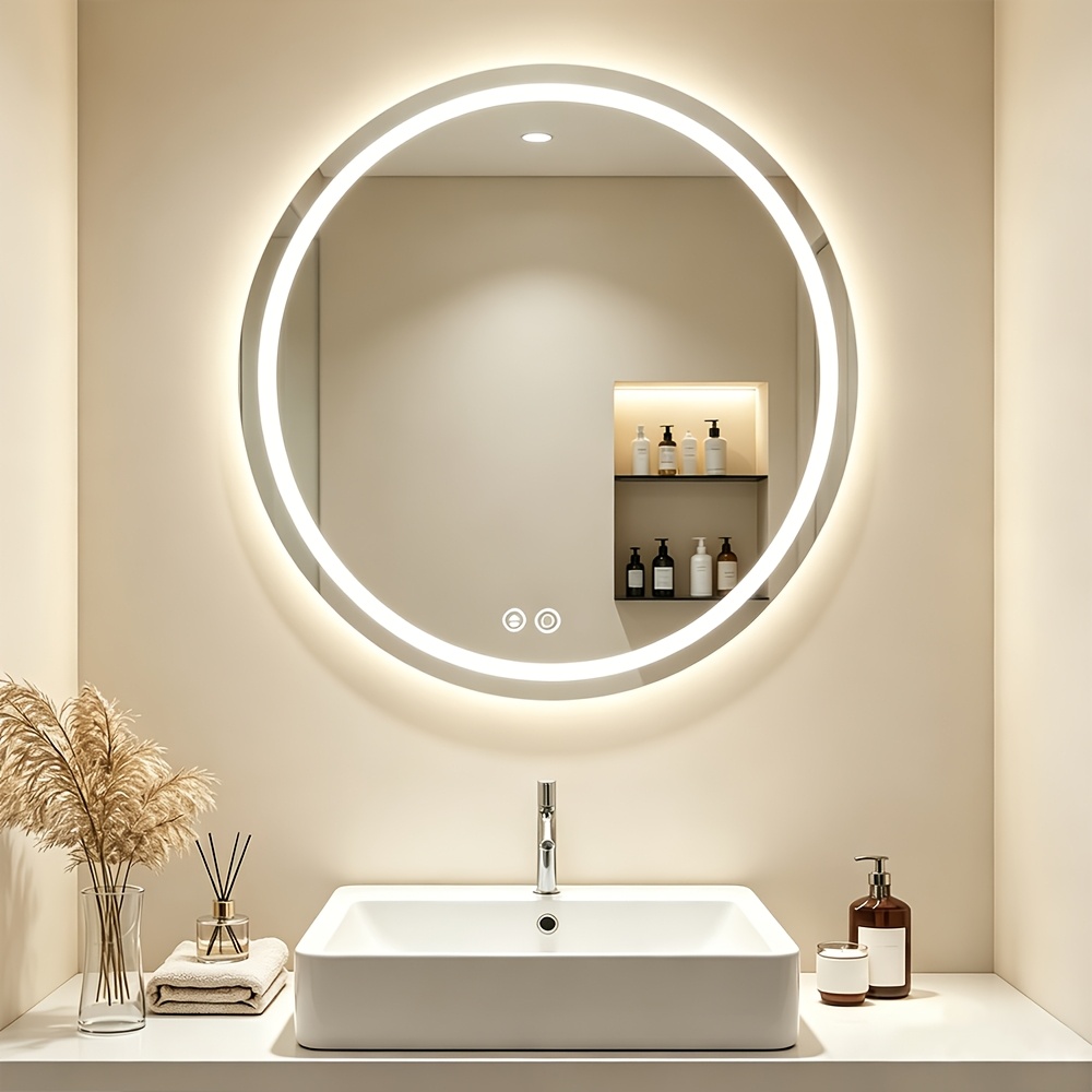 TEMU Aisutha Bathroom Wall Mirror With Lighting And Dimming, 60cm Round Vanity Mirror With Defogging Function, Wall-mounted Mirror, Touch Switch,