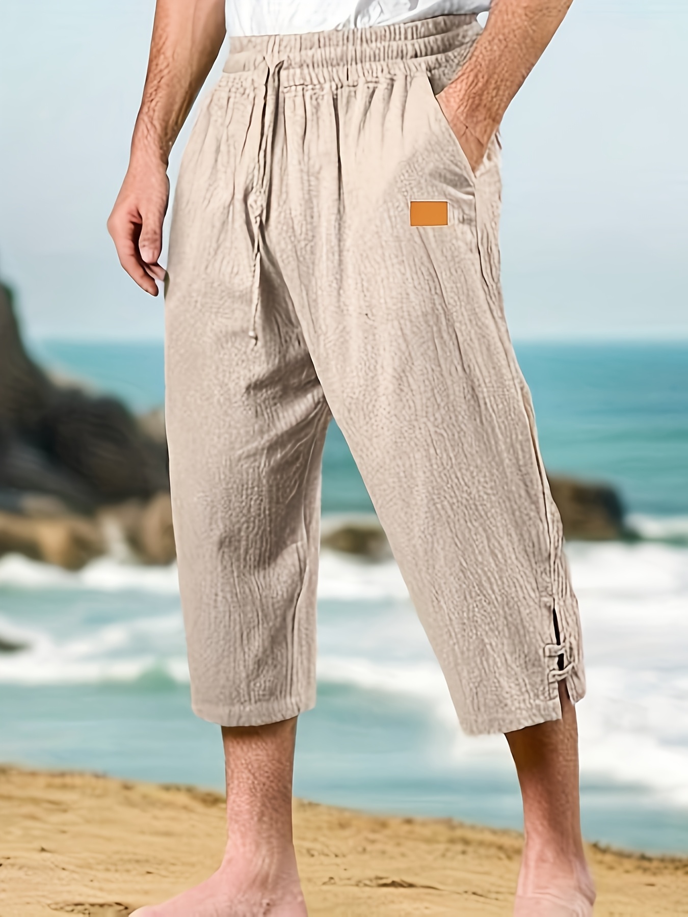 mens navy blue     drawstring waist three quarter sleeve pants non stretch fabric with pockets casual   for beach   outdoor activities     fit beach attire  able wear leisure clothing relaxed fit breathable material clothing summer wardrobe