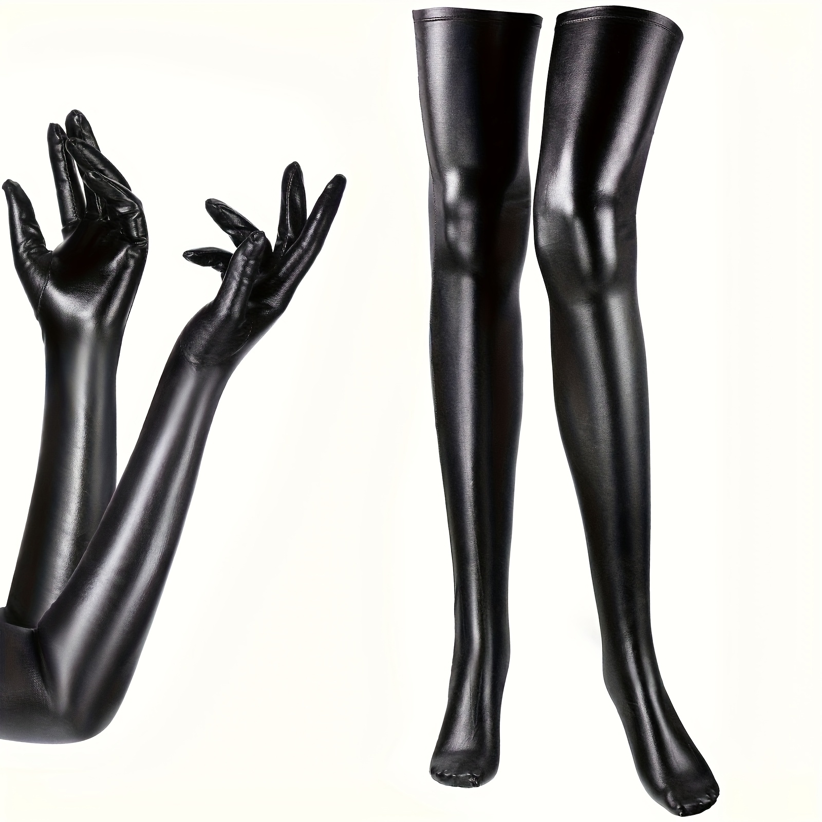 2pcs Women's Carnival Halloween Costume Stretch Spandex Shiny Wet-look Long Gloves And Stockings