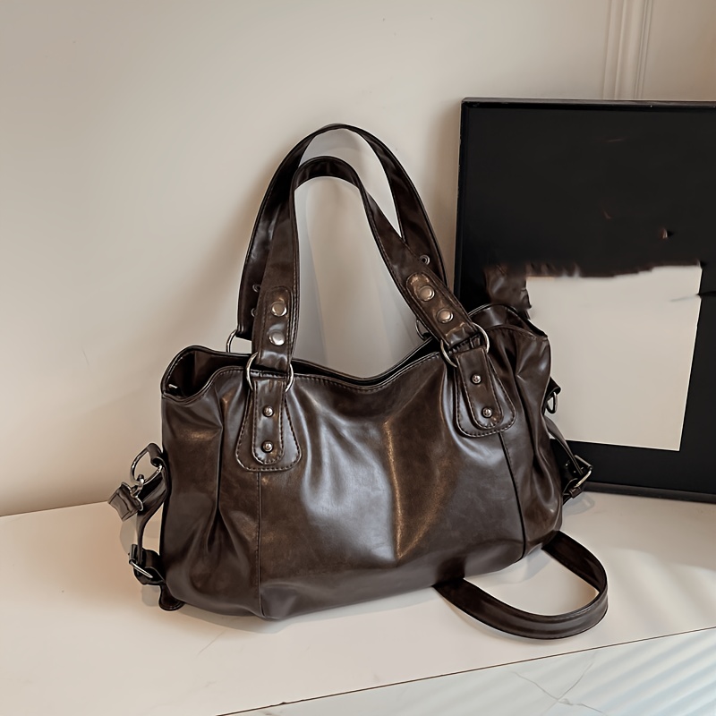 TEMU Vintage Soft Large Capacity Tote Bag For Women, Solid Color Distressed Texture Shoulder Handbag, European Style Crossbody Purse For Daily