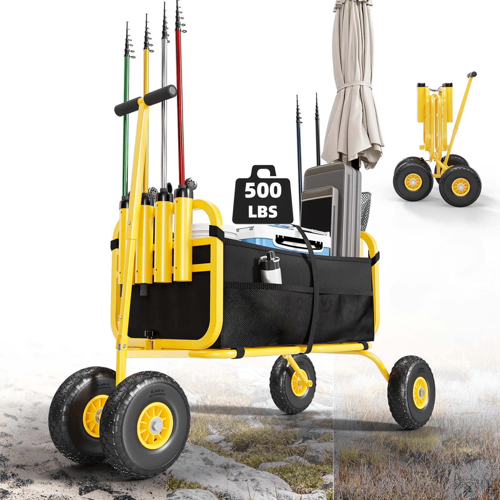 TEMU Bonnlo Portable Fishing Cart, Beach Wagon Trolley, With 11'' Solid Tires, Foldable Trailer With Large Cargo Basket, 550 Lbs Capacity, With 8